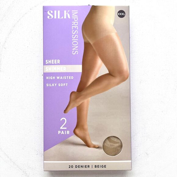 NEW SILK Impressions Beige Sheer Shimmer High Waisted Pantyhose 20 Den XXXL 2pr - Picture 1 of 4